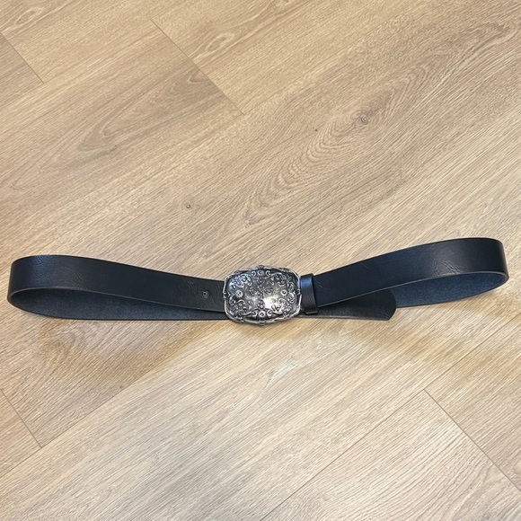 None Accessories - Black Leather Belt with Decorative Silver Buckle